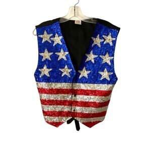 Vintage Ultra USA American Flag Sequin Vest Snap Front size medium Red White